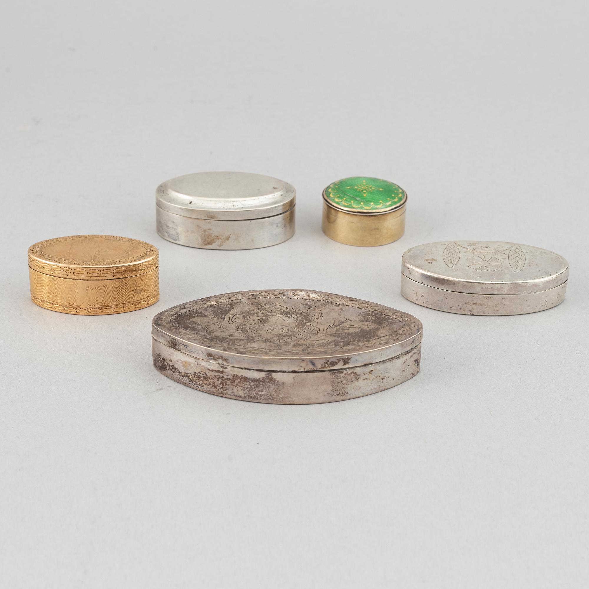 Dosa, guld, samt dosor, 4 st, silver. 1800-1900-tal.