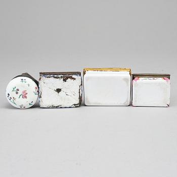 A mixed lot of four 18th century enamel snuff boxes.