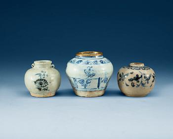 Three blue and white jars, Yuan/Ming dynasty.