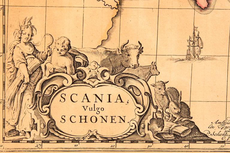 Johannes Janssonius, after, map Scania Sweden, hand colored copper engraving.