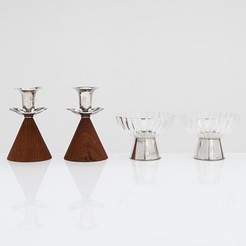 Two pairs of candlesticks, one designed by Saara Hopea, Kultakeskus, Hämeenlinna 1965.