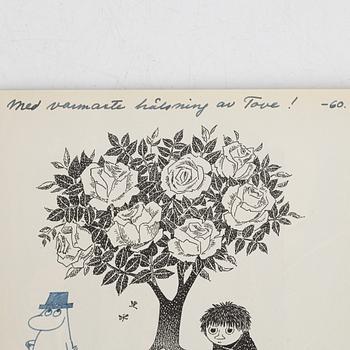 Tove Jansson, bok, "Vem ska trösta Knyttet", 1960. Med dedikation och teckning.