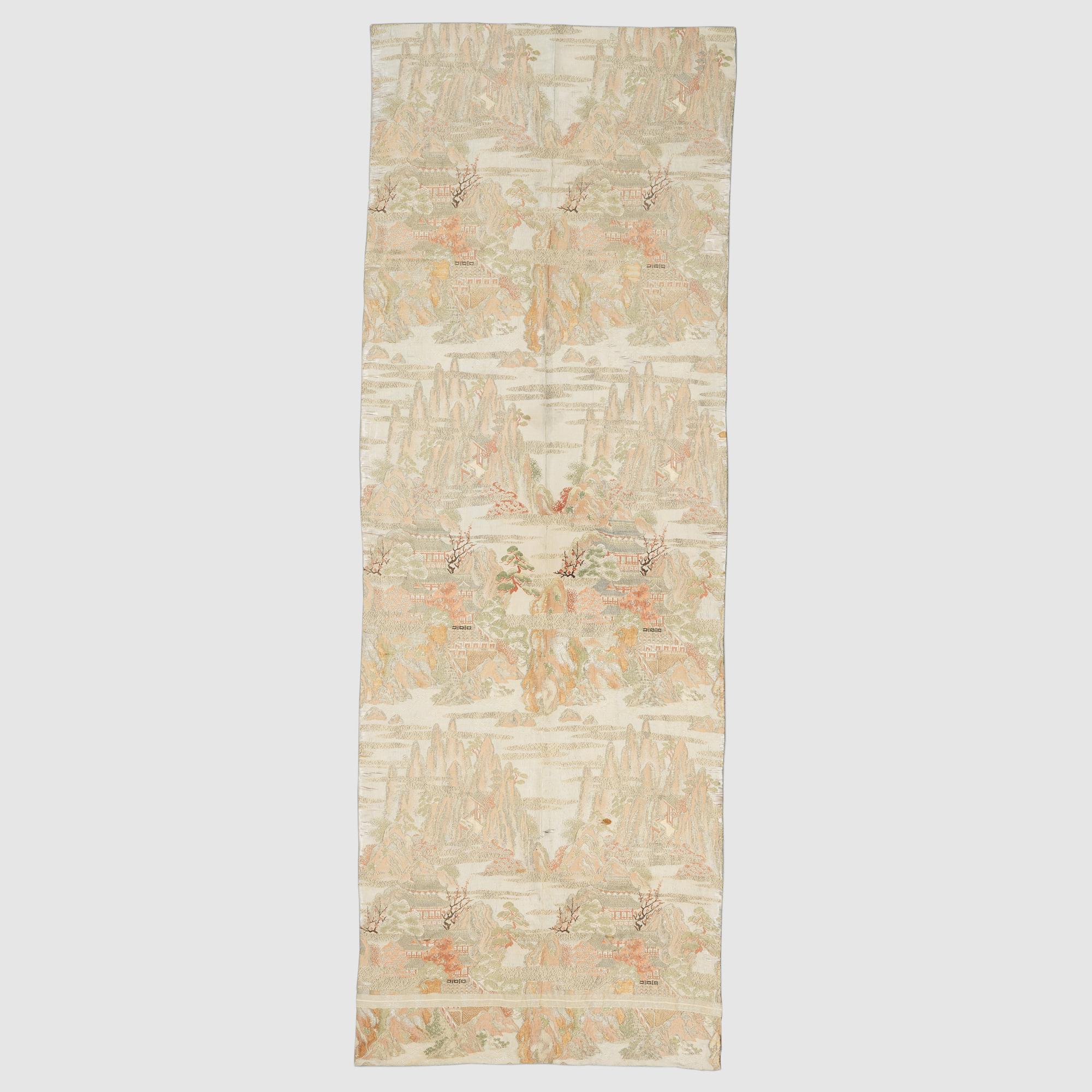 Two rank badges, two embroideries, and a brocade, China, part Qing dynasty.