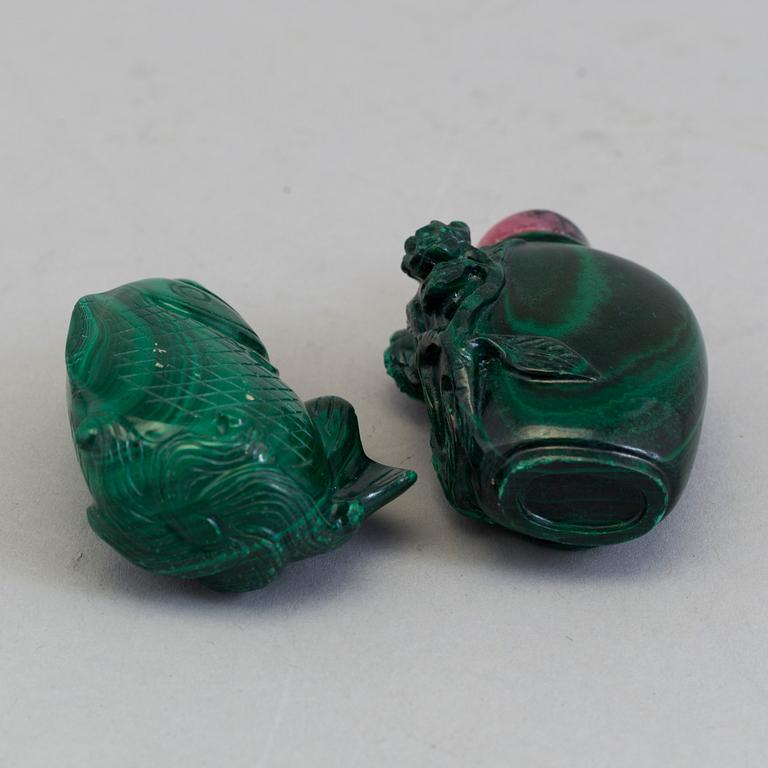 TWO MALACITE SNUFF BOTTLES, East Asian, 20th century.