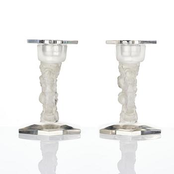 René Lalique, a pair of “Mésanges” cast glass candlesticks, France, post-1943.