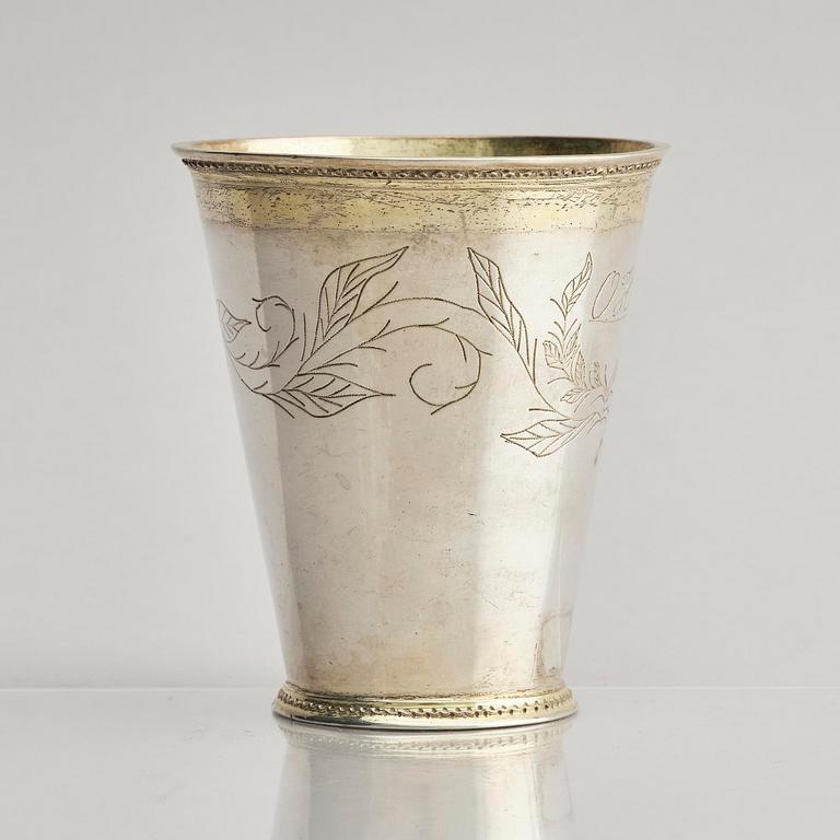 A Swedish early 18th century parcel-gilt beaker, marks of Herman Hermansson, Göteborg 1706.