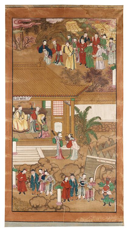 A painting with figures in a garden, Qing Dynasty, late 19th Century.