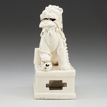 A blanc de chine censer, in the shape of a sitting Buddhist lion, Transition, 17th Century.