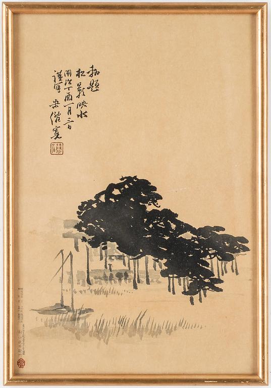 OKÄND KONSTNÄR, 9 st, träsnitt samt akvareller, Japan, 1800/1900-tal.