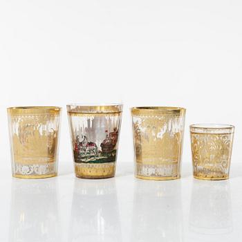 Four zwischengoldglas glasses, three of historic style from around the year 1900, one older.