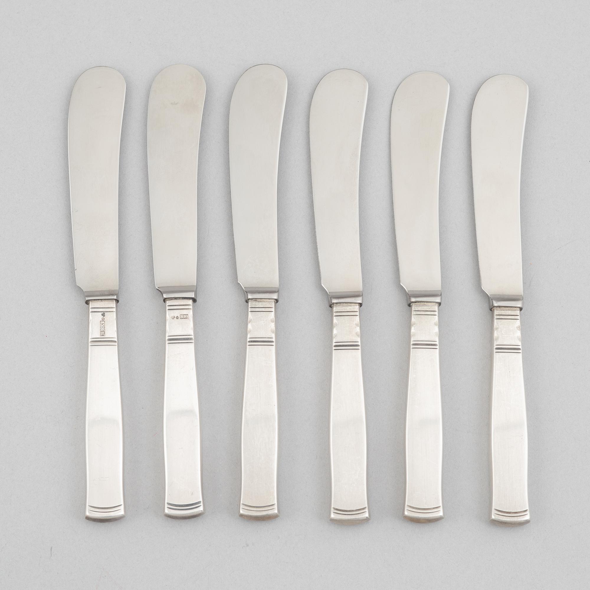 Jacob Ängman, six silver butter knives, "Rosenholm", GAB, Eskilstuna 1976-1990.