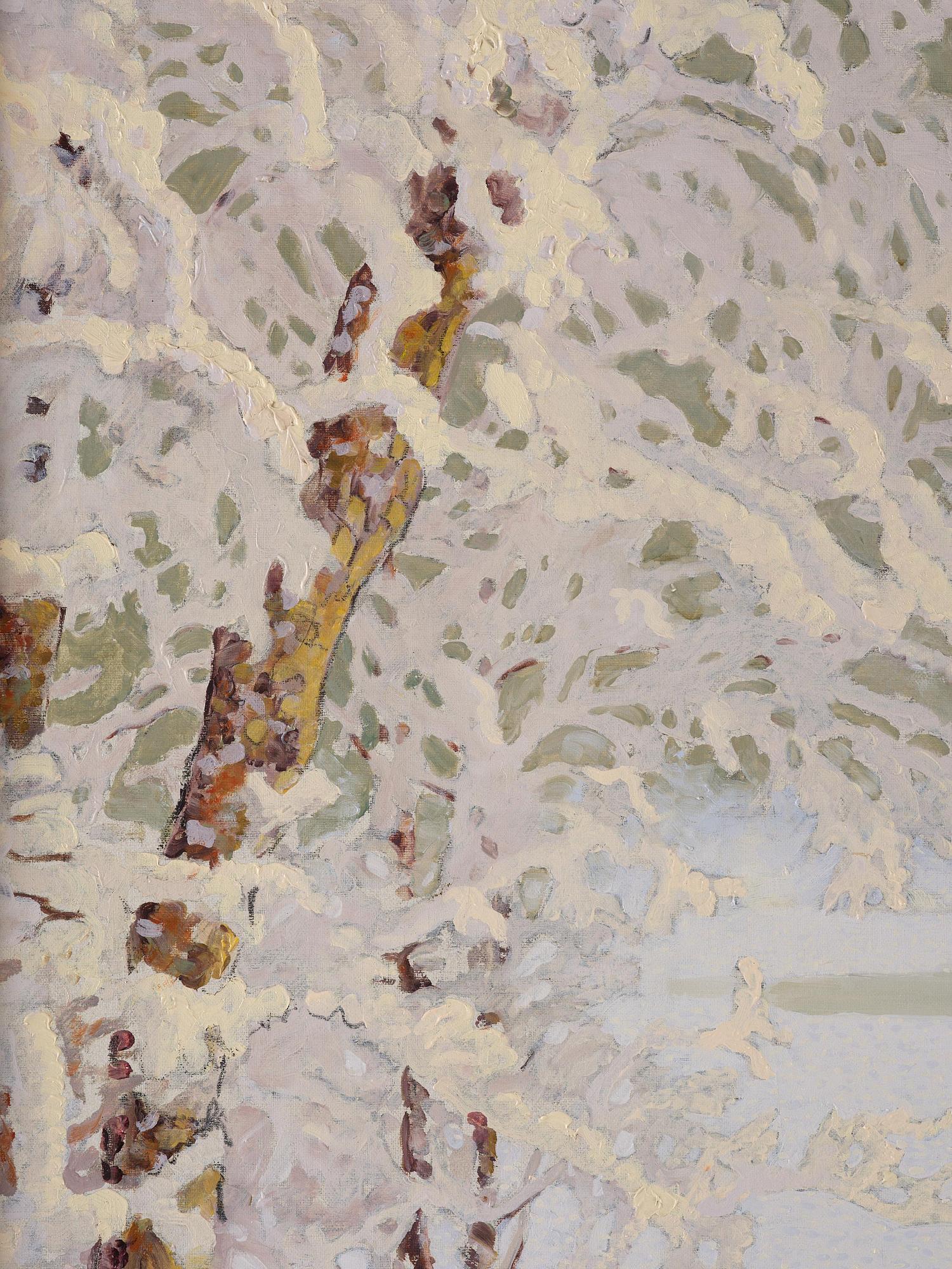 Gustaf Fjaestad, Rime frost over frozen lake in sunlit landscape.