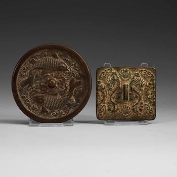 1288. A bronze mirror, and plaque, partly Jin dynasty (1115-1234).