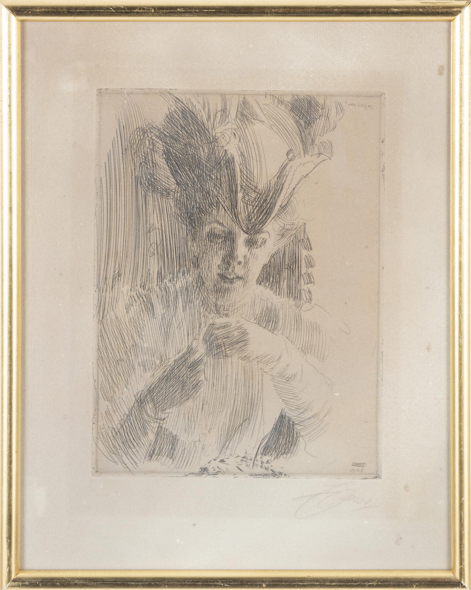 Anders Zorn, etsning, 1906, signerad med blyerts.