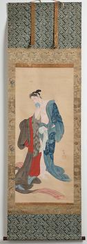 A Japanese hanging scroll, ink and color on paper, unknown artist, mid 19th Century.