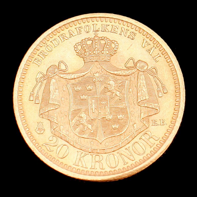 GULDMYNT, 20 kr, Oscar II, 1901. Vikt ca 9 g.