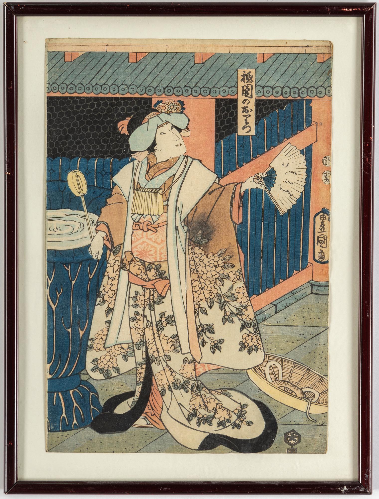 UTAGAWA KUNISADA (TOYOKUNI III) (1786–1864), färgträsnitt, tre stycken. Japan, 1800-tal.