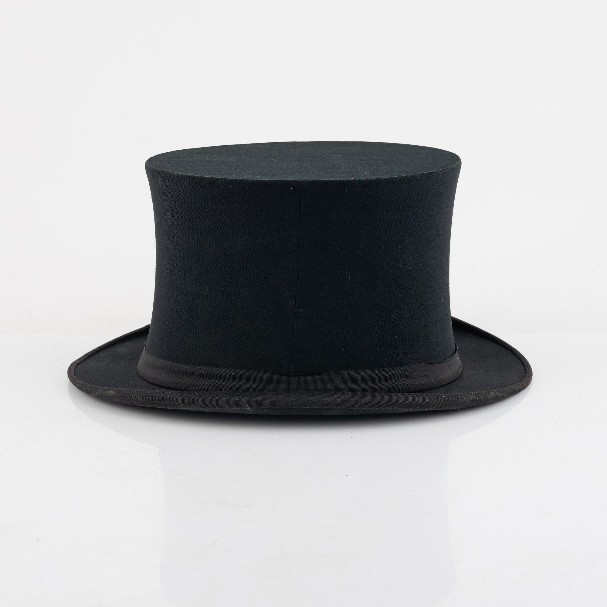 A top hat in case, by Lincoln Bennett & Co. London.
