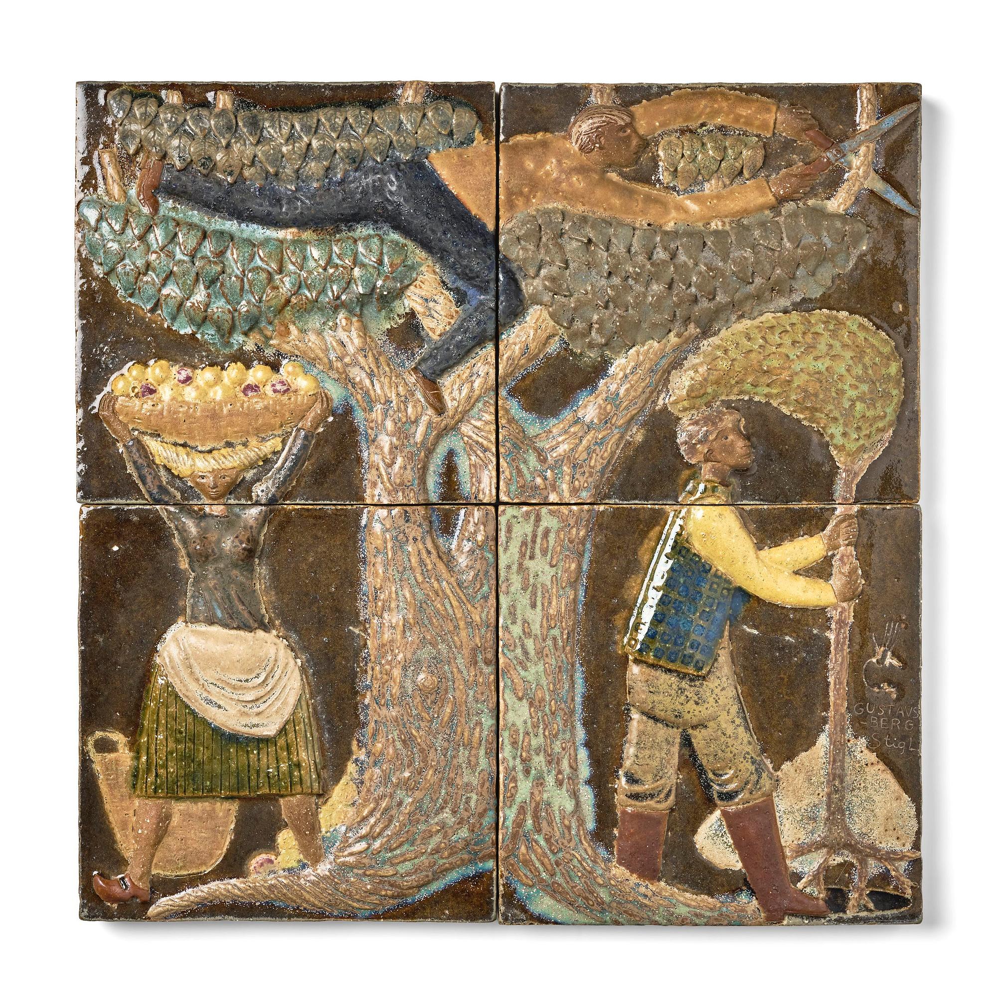 Stig Lindberg, a chamotte stoneware relief, four pieces, Gustavsberg Studio 1940s.