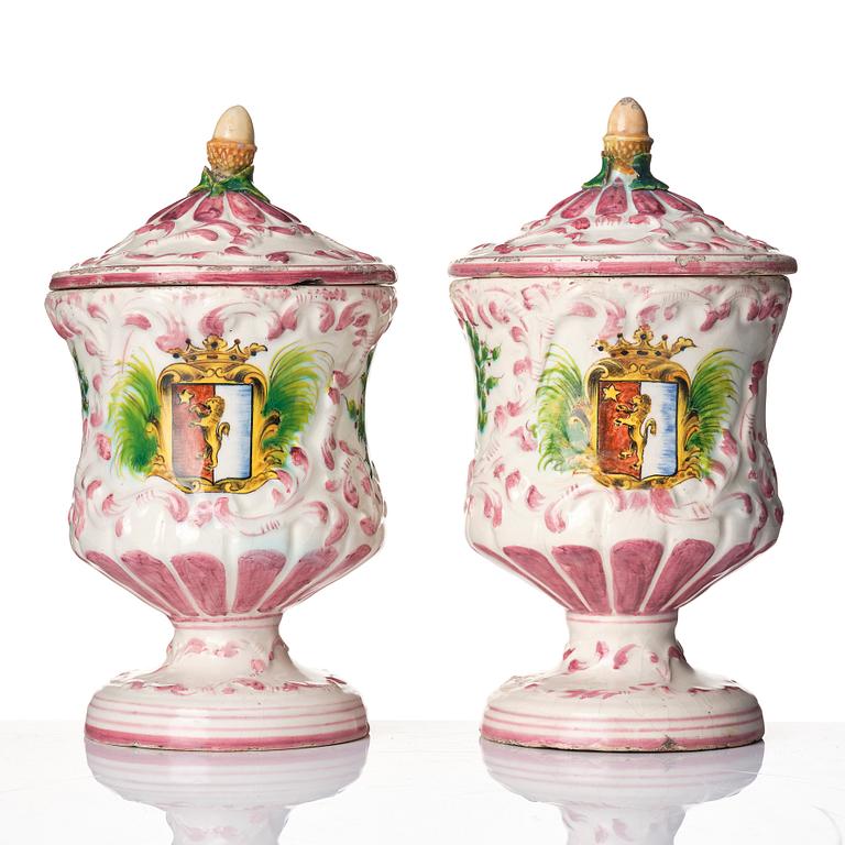A pair of faiance historismus pharmacy jars with covers, 19th century.