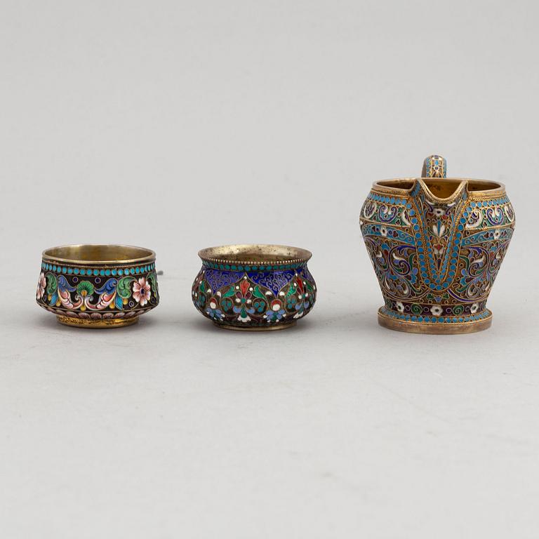 A set of Russian silver-gilt and enamel (7 pieces).