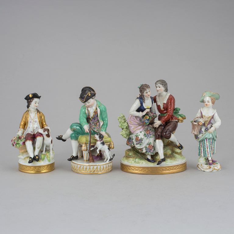 FIGURINER, 4 stycken, porslin, Meissen och Rudolstadt Volkstedt, 1800-tal.