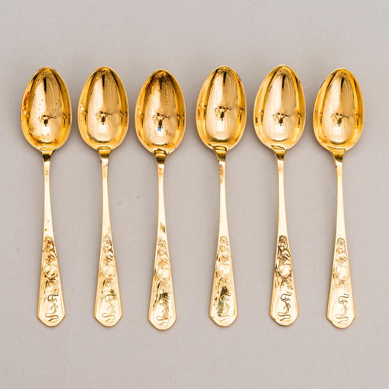 KAFFESKEDAR, förgyllt silver, stämplade Br. Grachev, S:t Petersburg, rysk importstämpel, tidigt 1900-tal. Originalask.