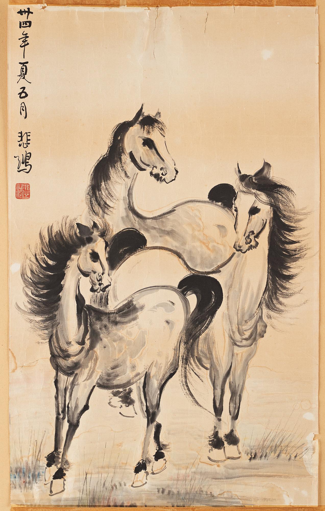 MÅLNING av XU BEIHONG (1895-1953). Hästar, signerad samt daterad med sigill.