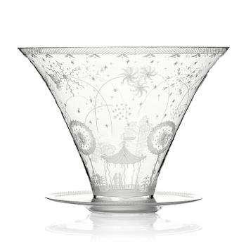 6. Edward Hald, a Swedish Grace "Fyrverkeri" (Fireworks) engraved glass bowl with a plate, Orrefors, Sweden, 1925, model 248.