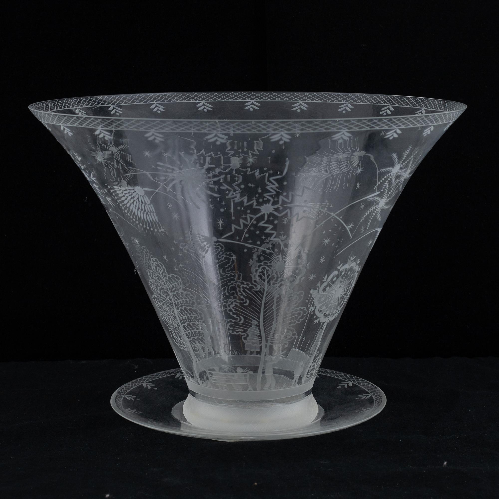 Edward Hald, skål med fat, glas "Fyrverkeriskålen", Orrefors 1968.