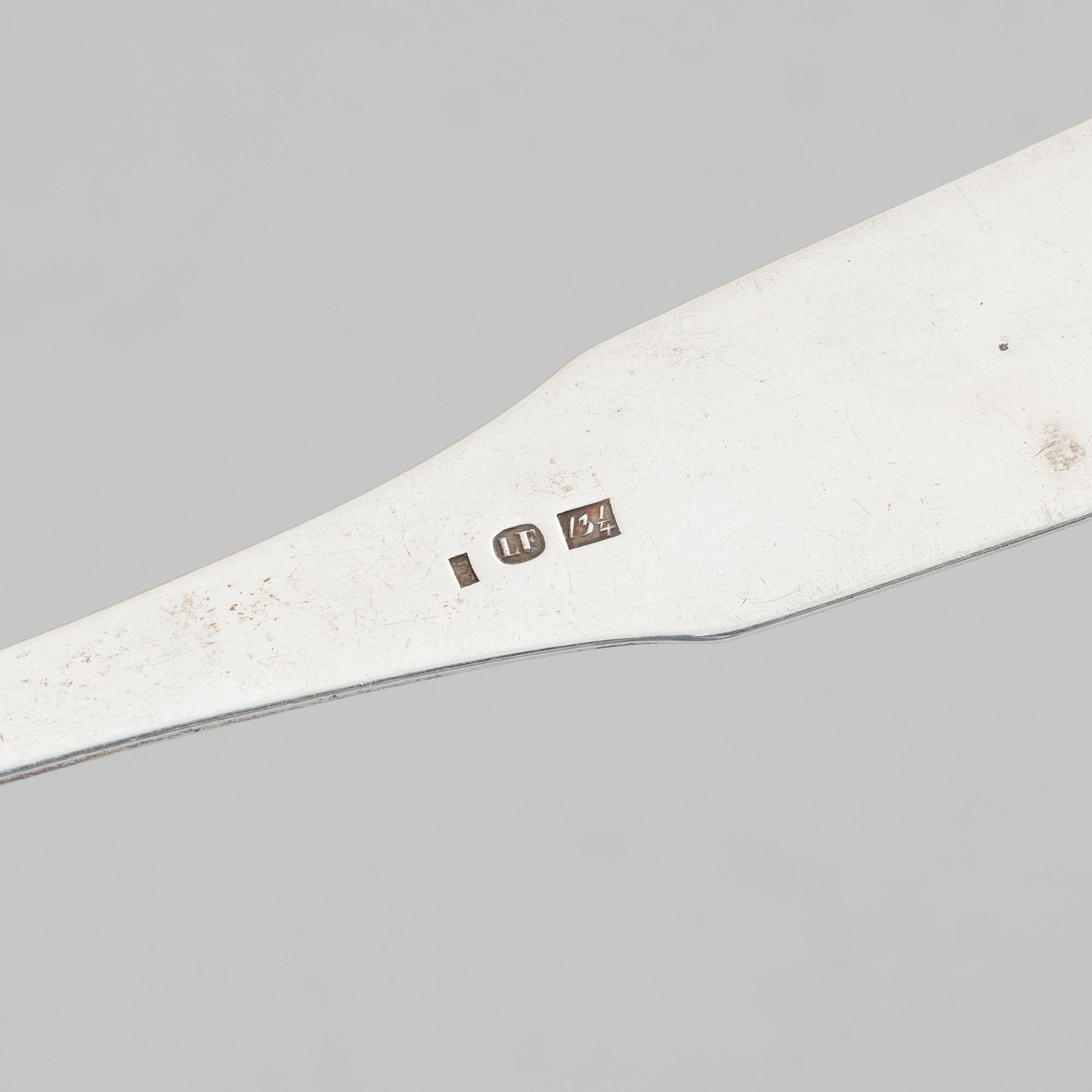 Two serving spoons, low-grade silver, 19th Century, possibly marks of Jacob Andreas Mort, Oslo (1796 - 1854) and of.