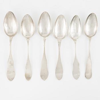 A set of six Swedish silver spoons, different masters, including Johan Petter Molér, Visby, 1813.and 1818.