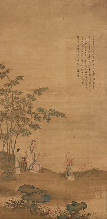 A Chinese scroll painting, ink and colour on silk laid on paper, Qing dynasty, probably 18th Century.