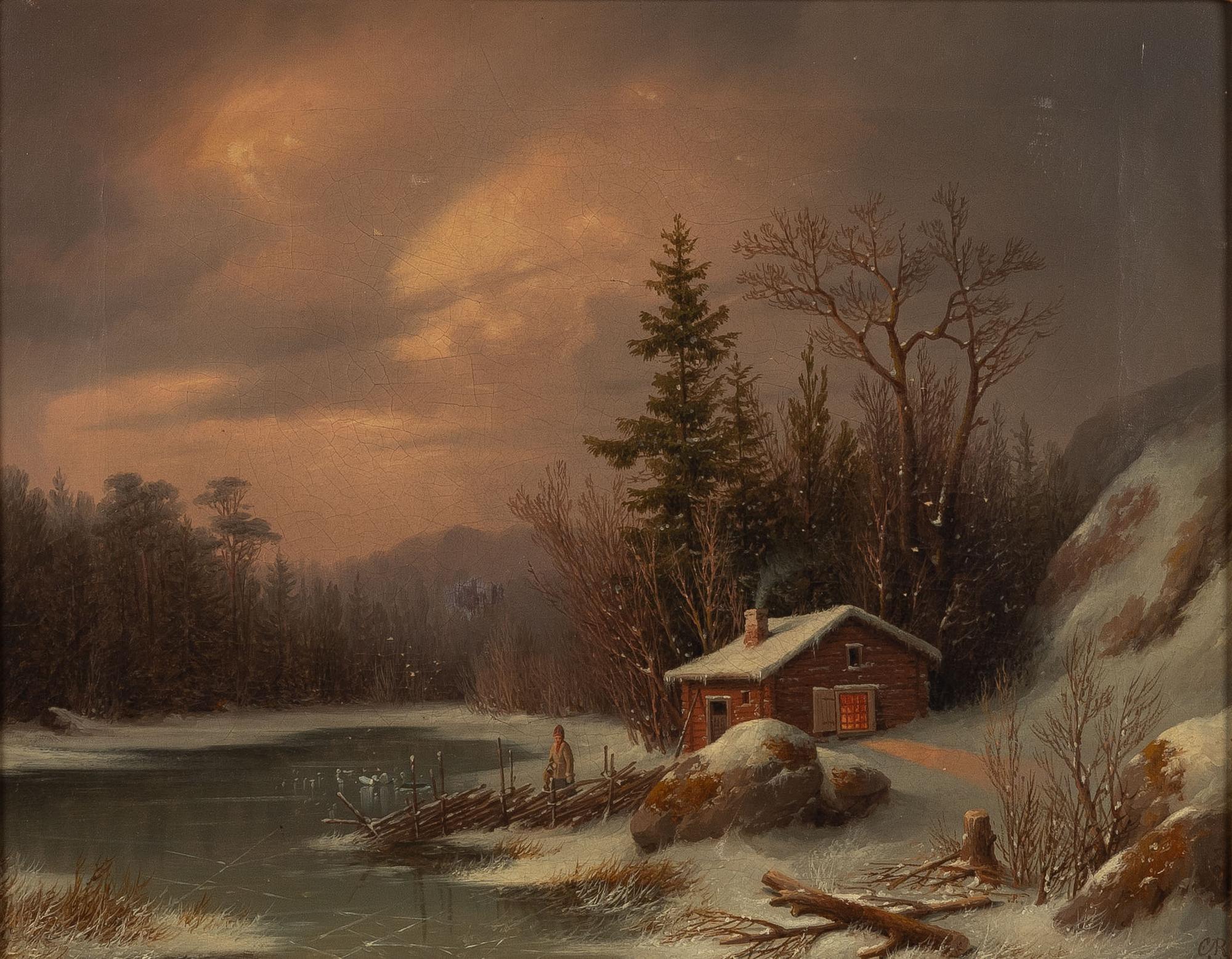 Carl Abraham Rothstén, Winter Landscape with Woman by a Timber Cottage.