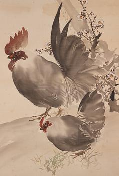 Rullmålningar, två stycken, tusch och färg på papper, Japan, tidigt 1900-tal. Samarbete mellan två konstnärer.