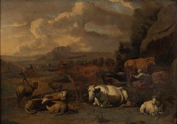 Paulus Potter, Circle/follower of, Pastoral landscape with animals and figures.