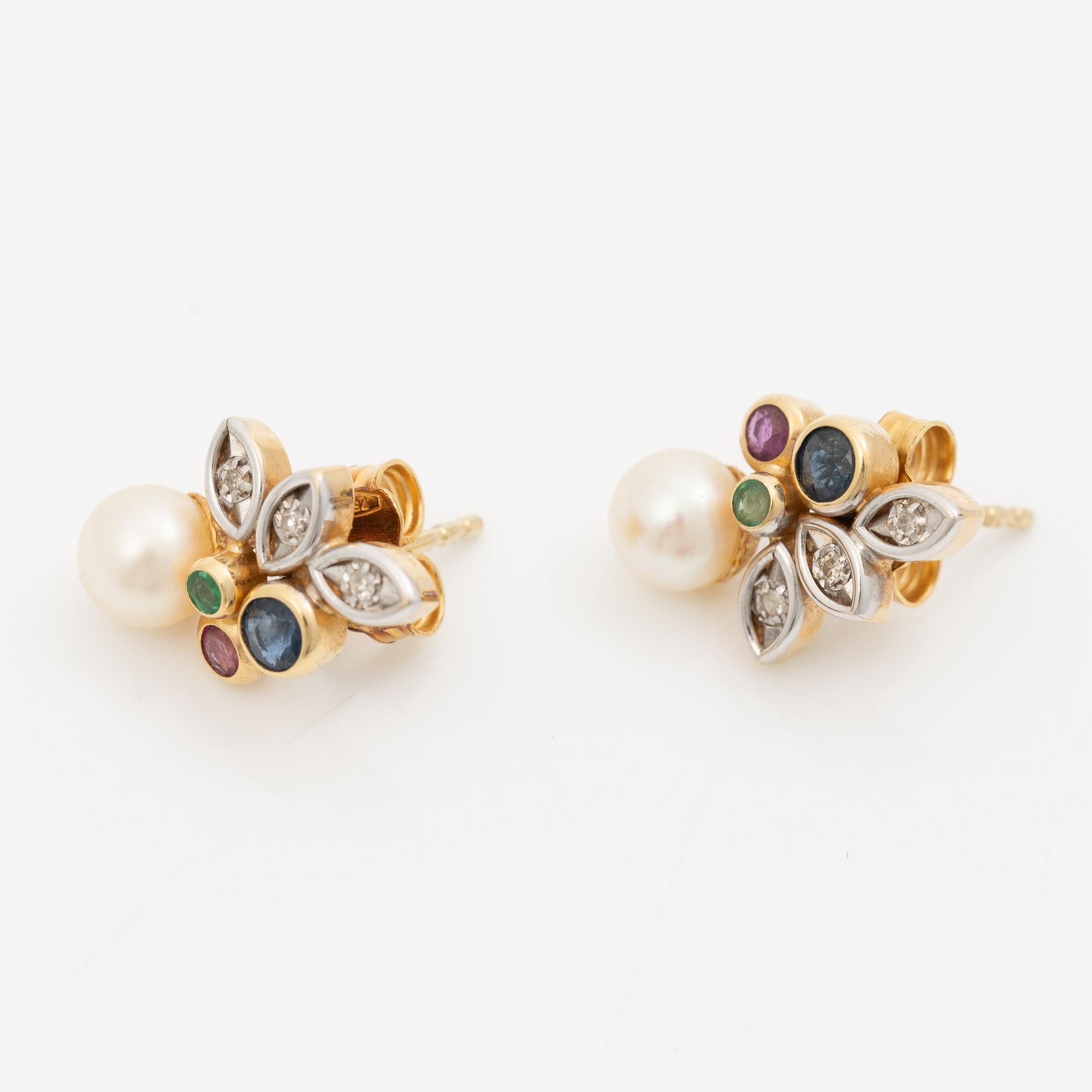 Necklace with matching earrings, 18K gold with pearls, diamonds, emeralds, rubies and sapphires.