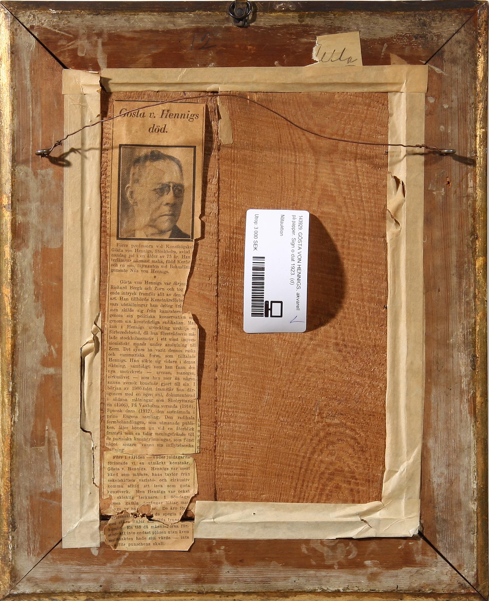 GÖSTA VON HENNIGS, akvarell på papper. Sign o dat 1923.