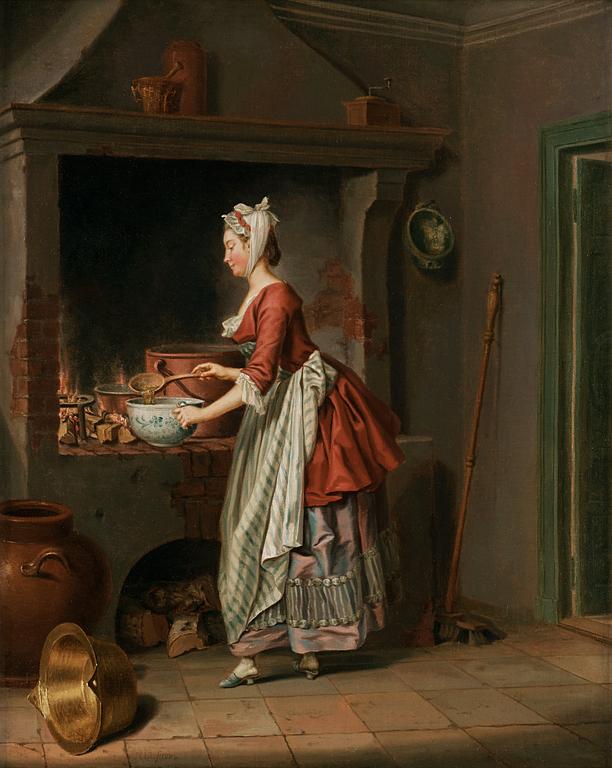 Pehr Hilleström, "En piga höser såppa utur en kiettel - i en skål" (A maid is pouring soup).