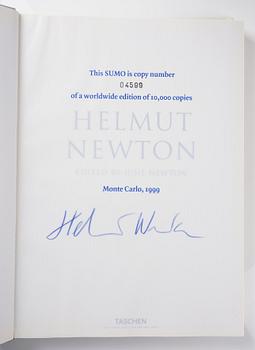 Helmut Newton, Signed book published by Taschen, Monte Carlo, 1999, ed 10000, with a metal table.