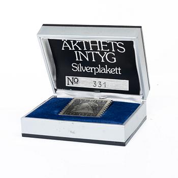 Frimärksplaketter, nio i silver samt en i brons, Guldfynd Plakett AB, bl a 1977.
