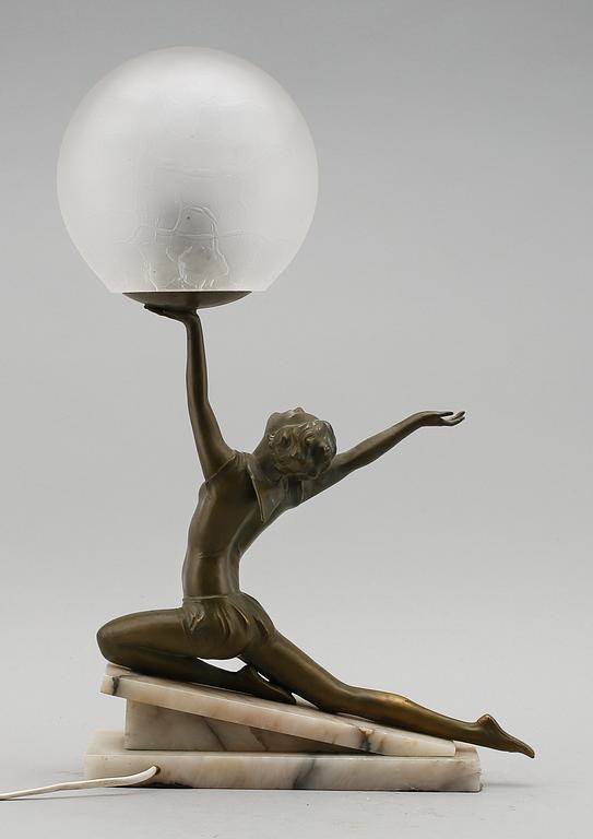 BORDSLAMPA, patinerad mässing och marmor, art deco.