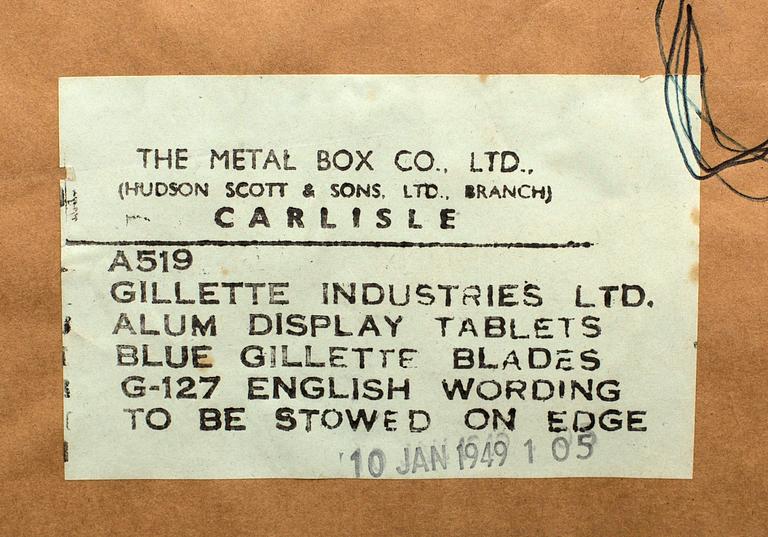 Reklamskylt  "BLUE GILIETTE BLADES" The Metal Box Comapny Ltd (Hudson Scott Branch) Carlisle England, 1900-talets mitt.