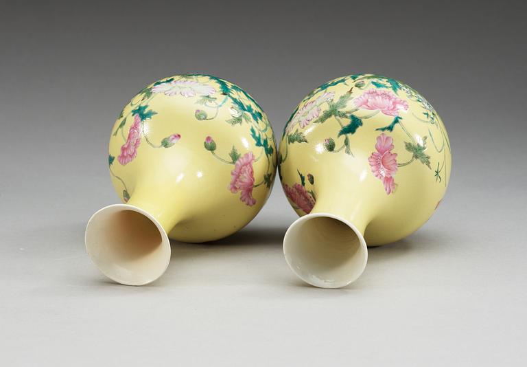 Two yellow ground vases, and with a romantic poem, Qing dynasty with Yongzheng seal mark.