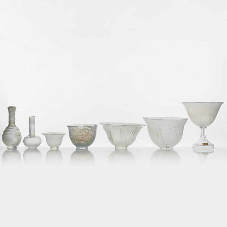 Bengt Heintze, five art glass bowls and two vases, Kosta Boda, signed, 1973-1988.