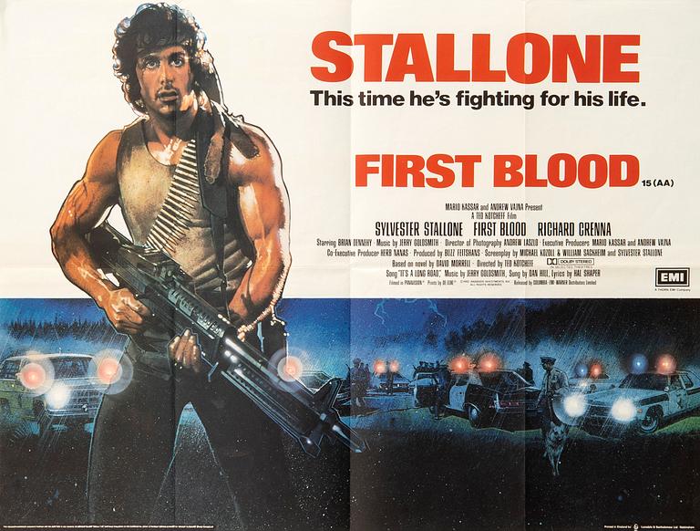 Film poster Sylvester Stallone "Rambo First Blood" 1982 United Kingdom first edition.