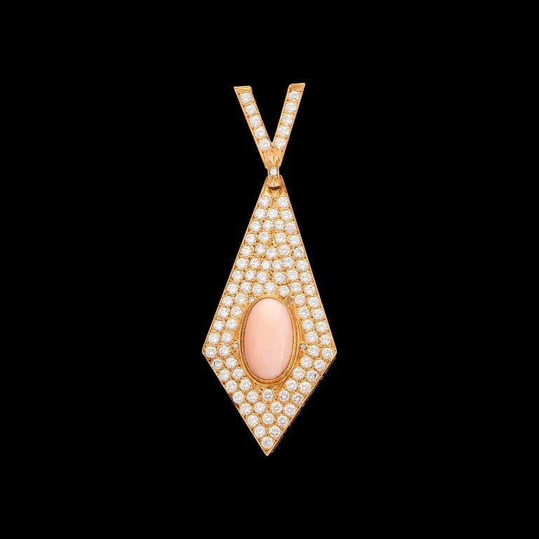 A coral and brilliant cut diamond pendant, tot. 3.80 cts. Stockholm, 1982.
