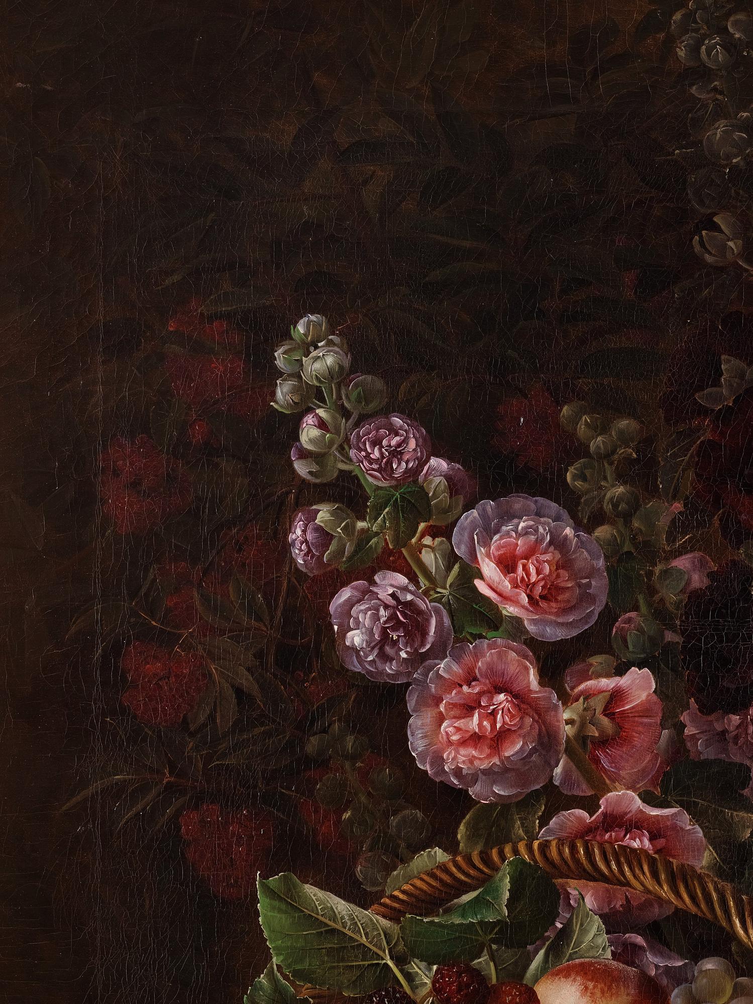 Johan Laurentz Jensen, Stilleben med stockrosor, prästkragar, blåklint, vallmo, kornax, rönnbär och en fruktkorg.