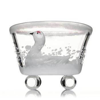 Ernst Billgren, "Snöripa i lä" (Grouse in shelter), a glass sculpture, ed. 3/30, Kosta Boda, Sweden.