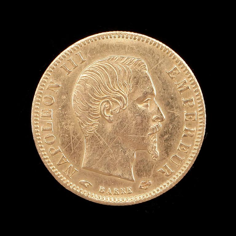 MYNT, 21, 6K guld, 5 franc, Napoleon III, Frankrike, 1856. Vikt ca 1,6g.